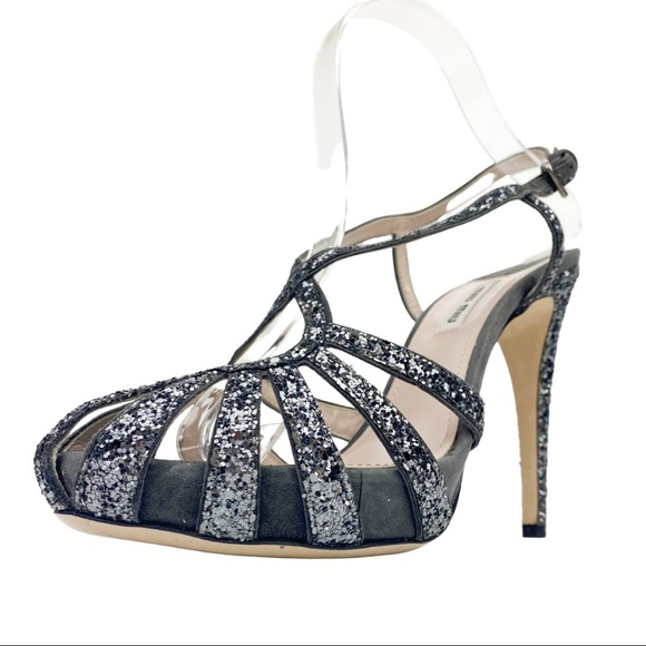 Miu Miu Silver Glitter Strap Sandal Heels / Ardesia / MSRP $956 / Women’s 8.5 - Picture 11 of 16